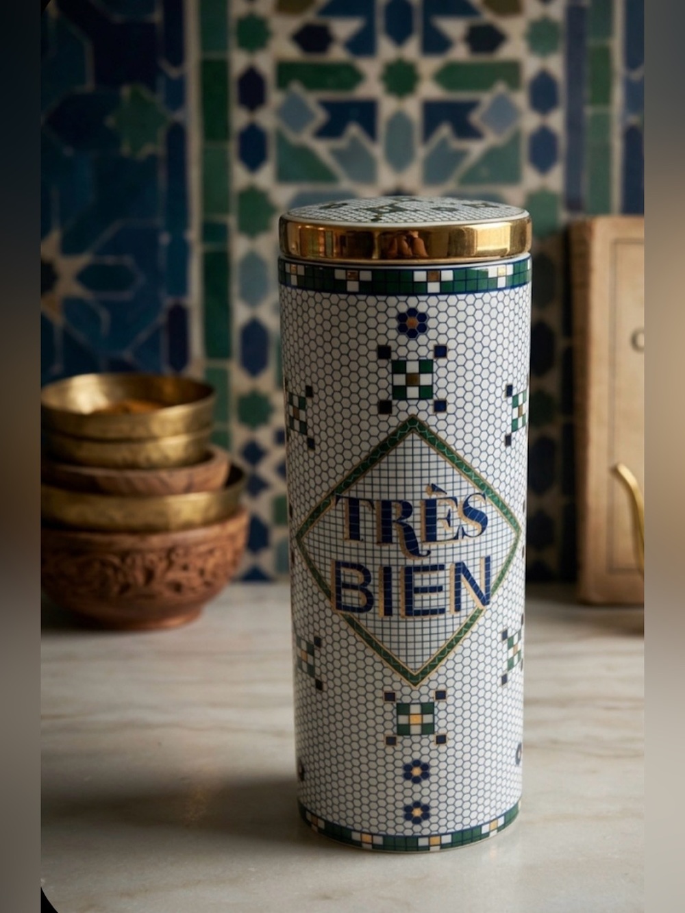 Anthropologie Mosaic 'Trés Bien' French Bistro Tile Canister Jar with Gold Lid